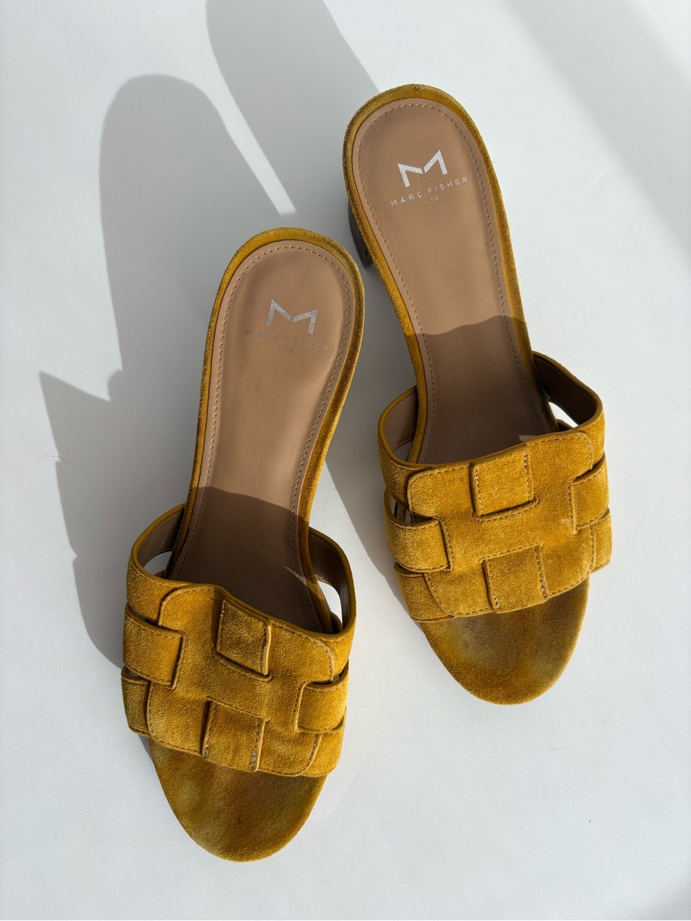 Marc Fisher Mustard Suede Woven Block Heel Mules Size 10